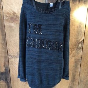 H&M Forest Green Marled Knit Striped Sweater "I'm Trouble" XS